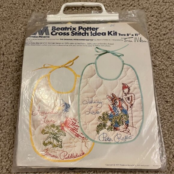 Vintage Beatrix Potter Cross Stitch Idea Kit Peter Rabb Bibs Columbia Minerva - Picture 1 of 6
